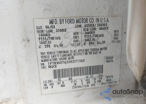 2003 Ford F-150 Lariat/Xlt z USA, uszkodzony, nr VIN 1FTRW07633KD71565